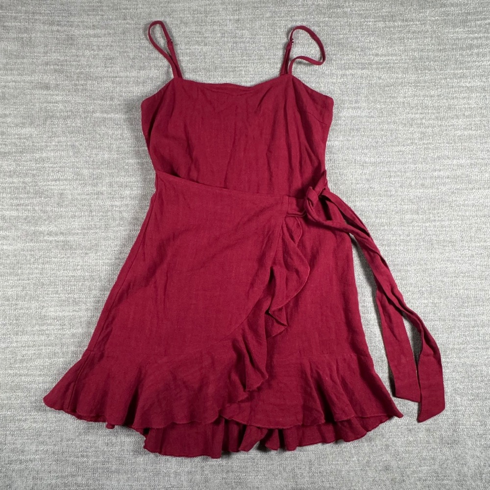 Princess Polly Linen Blend Red‎ Maroon Wrap Ruffle Mini Dress Size 4